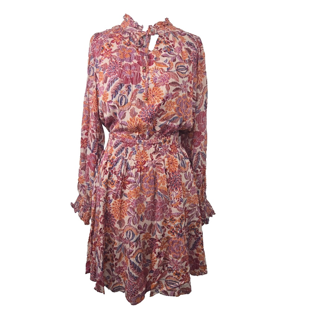 Fate LARGE Pink & Red Floral Rayon Smocked Long Sleeve Lined Mini Dress New